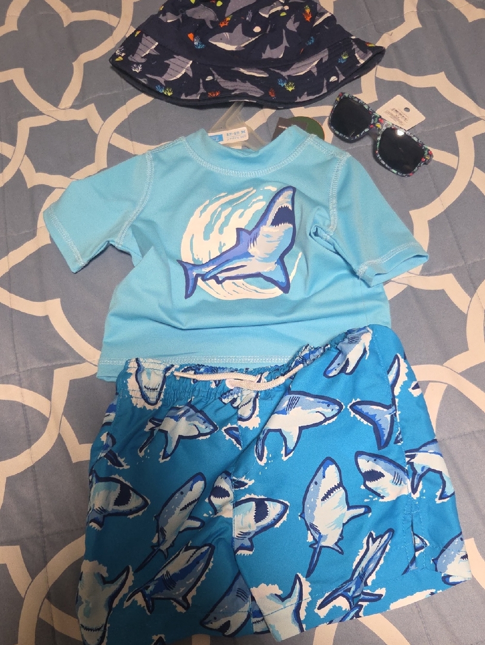 The Children's Place Light Blue Shark Rash Guard & Swim Trunks Set
